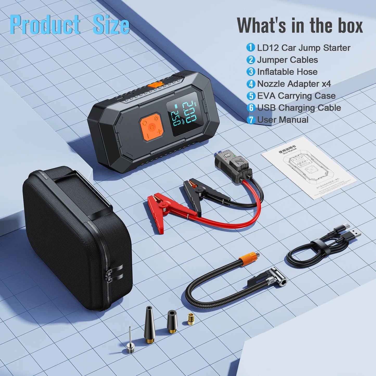 Car Jump Starter Air Pump Power Bank Lighting Portable Air Compressor 4 In 1 Cars Battery Starters Auto Tyre Inflator