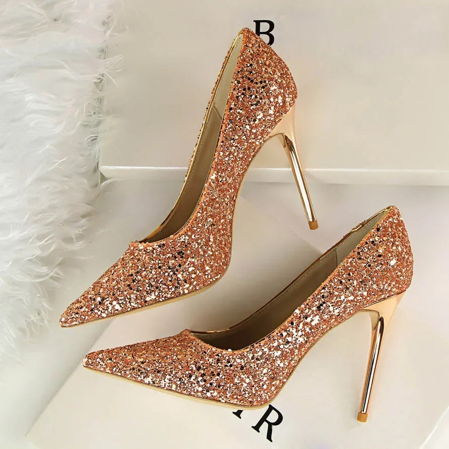 Women Luxury Bling Red  Blue Valentine Party Scarpins Pumps Lady Glitter Sequins 7cm 9.5cm High Heels Designer Shoes Plus Size
