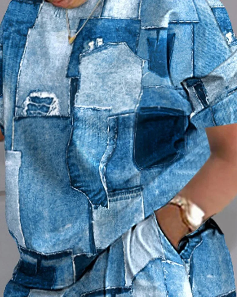 Ladies Casual Summer Two Piece Sets Printed Shorts Sets Women Round Neck Short Sleeve T Shirts Pullover High Waist Trousers Suit