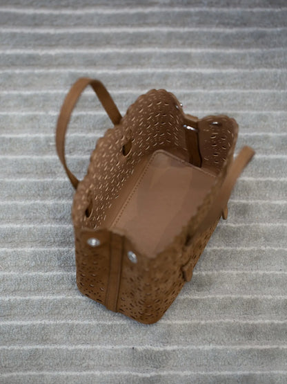New Advanced Leather Tote Shopping Bag Wave Hollow out Basket Retro Suede Single Shoulder Slant Cross Mother Baby Bag