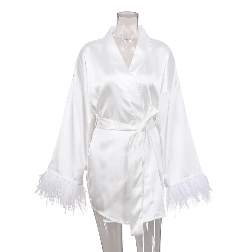 Feather Bathrobes Satin Sexy Mini Dress Long Sleeve Loose Peignoirs For Women Robe White Wedding Dress Black Bride Dresses