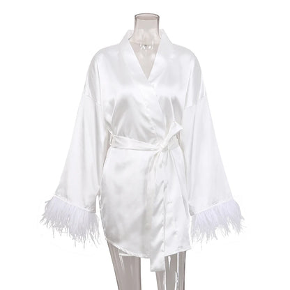 Feather Bathrobes Satin Sexy Mini Dress Long Sleeve Loose Peignoirs For Women Robe White Wedding Dress Black Bride Dresses