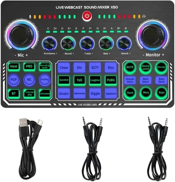 X50 Podcast Recording Equipment with Podcast Mixer Sound Card for Live Streaming Voice Changer DJ Audio Mixer Interface