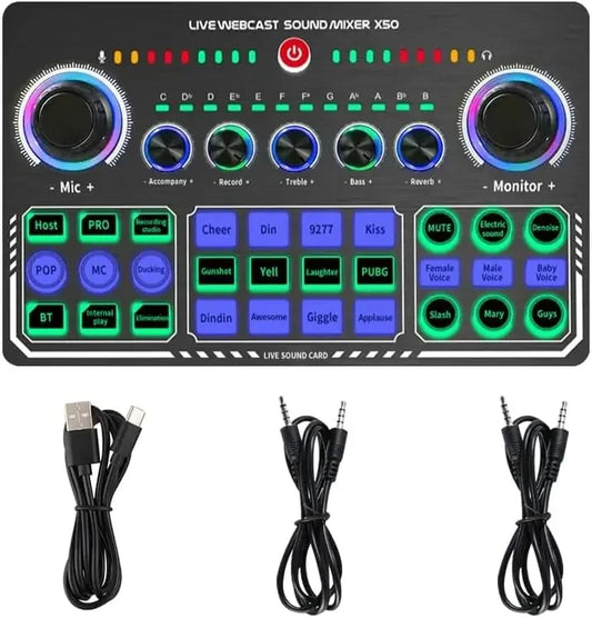 X50 Podcast Recording Equipment with Podcast Mixer Sound Card for Live Streaming Voice Changer DJ Audio Mixer Interface