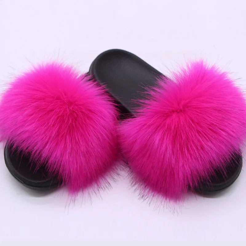 Women's  Faux Fox Fur Slides Fluffy Open Toe Slippers Indoor Outdoor Casual Flat Sandals Luxury Furry Slide Shoes for Ladies