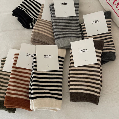 Korean Simple Colored Striped Cotton Socks Women’s Autumn Winter Breathable Middle Tube Socks College Style Trendy Casual Socks