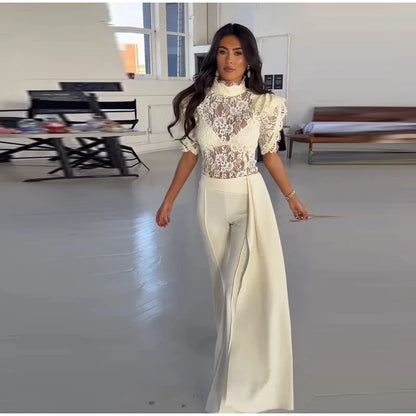 Elegant Ruffles Lace Top Ribbon Flare Pants Sets Women Short Sleeve See through Top High Waist Pant 2026 Summer Evening Outfit