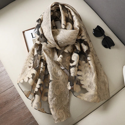 Fashion Women Cut Flowers Hollow Lace Gradient Flower Silk Scarf Spring Shawls and Wraps Towel Femme Beach Sjaals