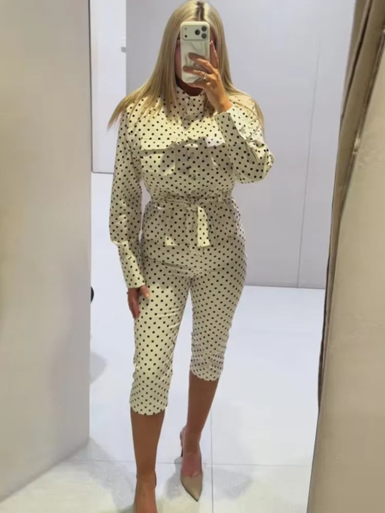 Fashion Polka Dot Cropped Pants Set For Women Y2K Stand Collar Lace Up Jacket High Waist Capri Pants Lady Street 2 Pieces Outfit