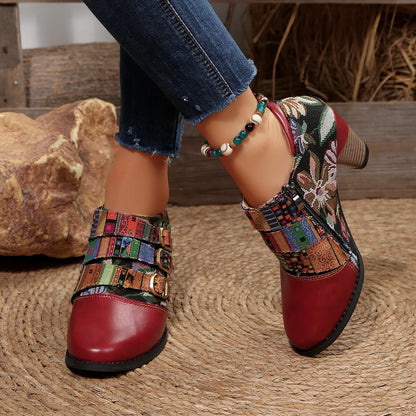 Women's Spring & Fall Short Boots, Bohemian Fashion Splicing Retro Short Boots, Casual Printed Western Leather Boots, Side Zippers, Suitable for Daily Commuting, Vacation, Parties