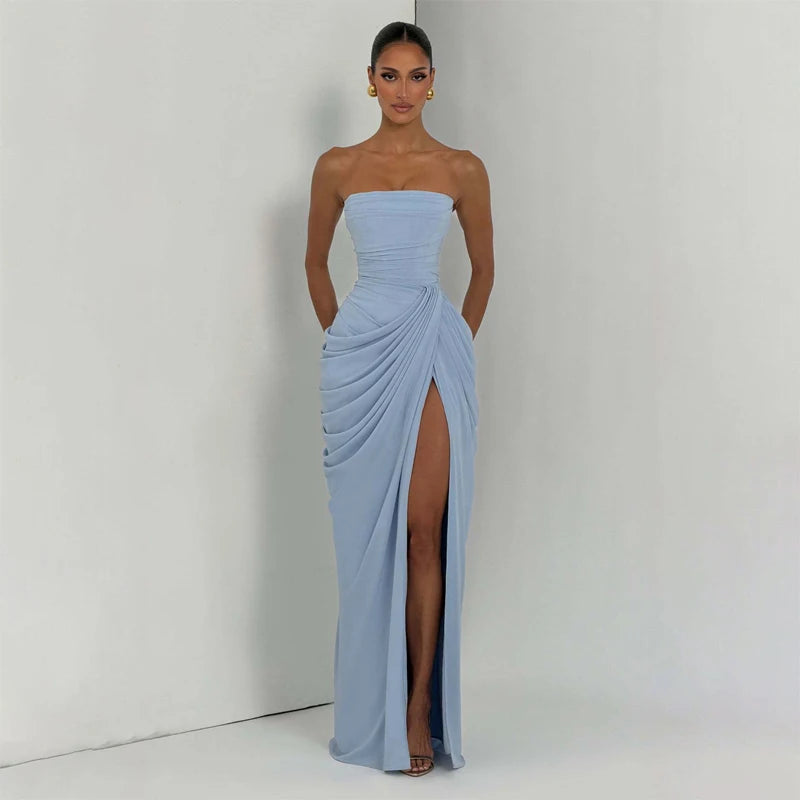 Elegant Yellow Strapless Pleated Dress Women Chic Sleeveless Waist Cinching Split Maxi Gowns 2026 Summer Lady Evening Party Robe