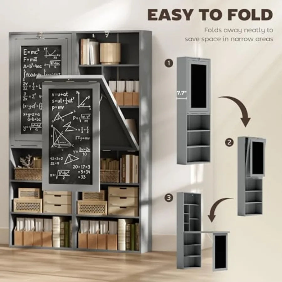 Fold-Out Convertible Writing Table Computer Desk with Blackboard and Side Shelf Multi-Function Home Office Workstation in Charc