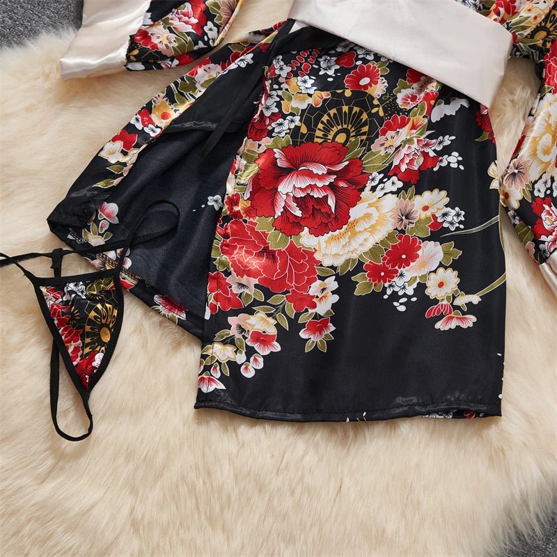 Japanese Kimono V-neck Printed Flower Bow Waist Shaping Cardigan Dress Women Clothing Loose Long Sleeve Vintage Sexy Lace-up New