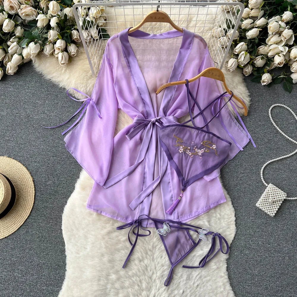 Japanese Kimono V-neck Printed Flower Bow Waist Shaping Cardigan Dress Women Clothing Loose Long Sleeve Vintage Sexy Lace-up New
