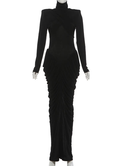 Weird Puss Autumn New Style Maxi Dress Women Turtleneck Full Sleeve Backless Skinny Stretch  Prom Party Ruched Elegant Vestidos