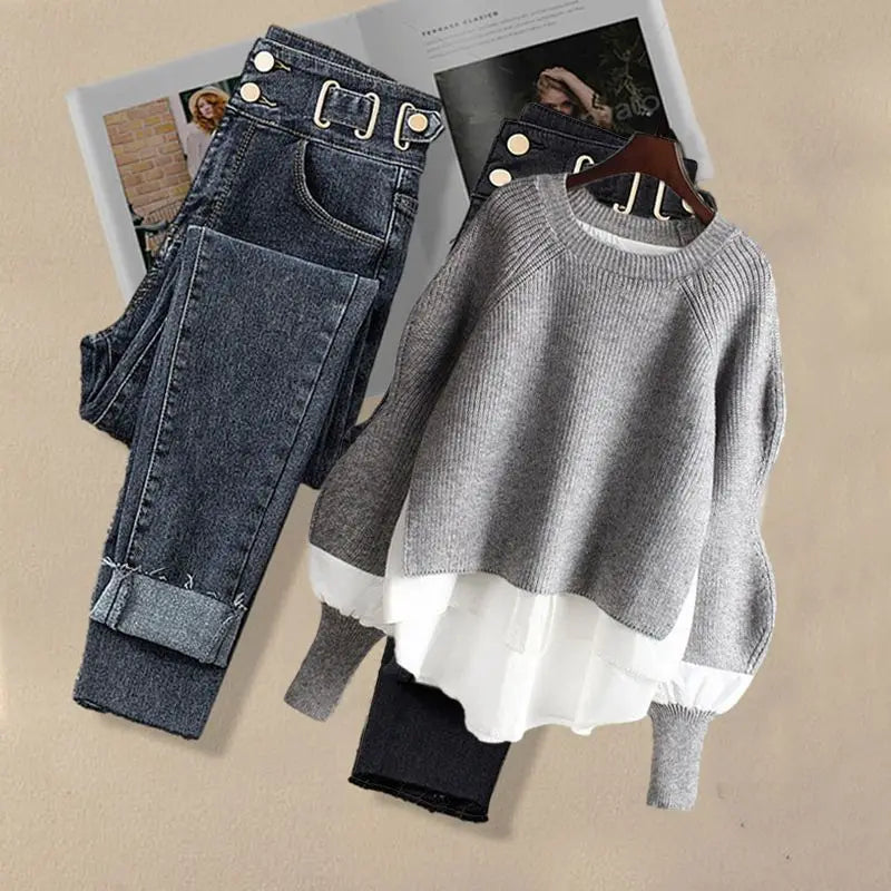 2026 Spring Autumn New Vintage Jeans Matching Set Women's Korean Elegant Fake Two Piece Knit Sweater+High Waist Denim Pants Suit
