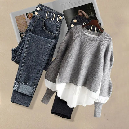 2026 Spring Autumn New Vintage Jeans Matching Set Women's Korean Elegant Fake Two Piece Knit Sweater+High Waist Denim Pants Suit
