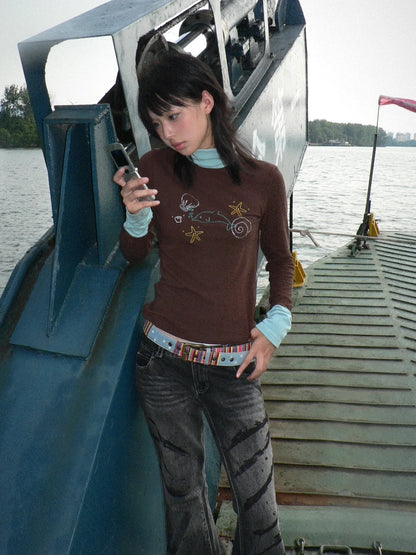 Karrram Japanese Y2k Turtleneck T-shirt Grunge Aesthetics Patchwork Tops Vintage Diamond Print Long Sleeve Tshirt Harajuku 2000s