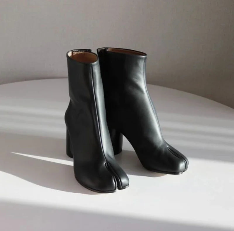 Luxury Brand Designer Tabi Split-toe Ankle Boots Women Genuine Leather Chunky Round Heel Short Boots 2024 Autumn Winter Shoes