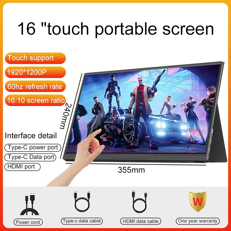 16inch Portable Monitor 2.5K/120HZ/100%sRGB  For Laptop XBox PS4 / 5 Switch Cell Phone Computer Extension Gaming  Travel Screen