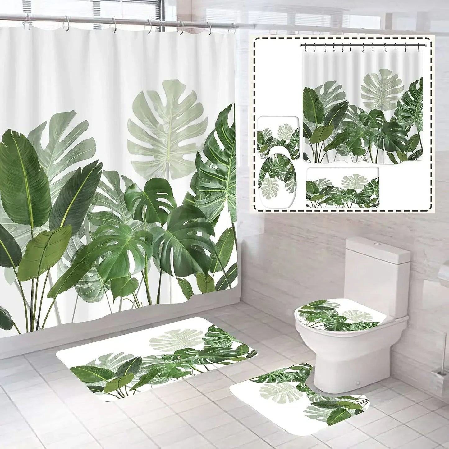 Banana Leaf Shower Curtain Set Non-Slip Rug Bathroom Accessories Tropical Palm Plant    Botanical Floral Green