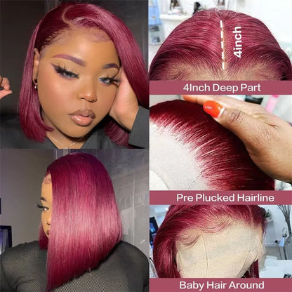 220% Straight Short Bob Human Hair Wig 13x4 Bone Straight Lace Frontal Wigs Burgundy 99J Lace Front Wig For Women 12 14 Inch
