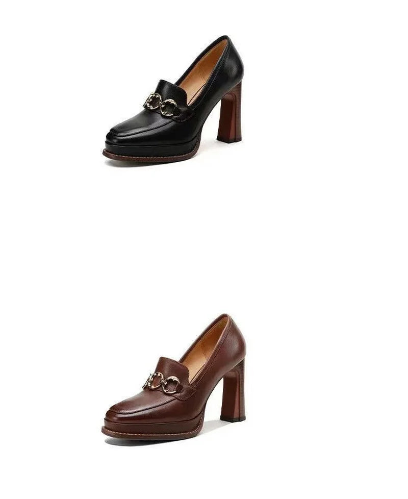 Split Cowhide Leather Shoes,Women Platform Block High Heels,Square Toe, Slip On,Retro Style,Brown,Black,Size 34-39,Dropship