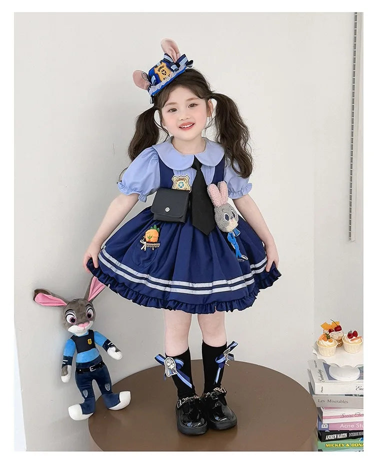 Girl Cosplay Judy Hopps Police Officer Dress Ear Sheriff Hat Bunny Costume Kids Dress Up Halloween Rabbit Disguise Dress Outfits