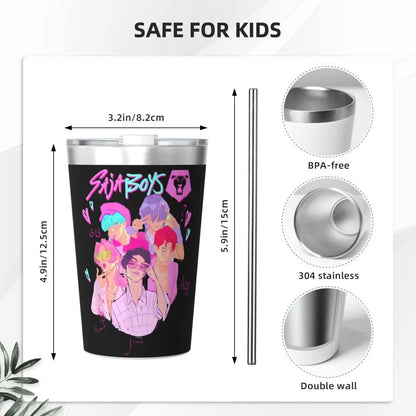 Mystery Saja Boys Kpop Demon Hunters Tumbler With Straw For Kids Stainless Steel Travel Mugs Double Wall Vacuum Insulated 12oz