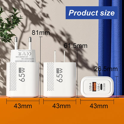 Total 65W USB GaN Charger Quick Charge Mobile Phone Adapter For iPhone Samsung Xiaomi Huawei QC3.0 USB Type C Wall Quick Charger
