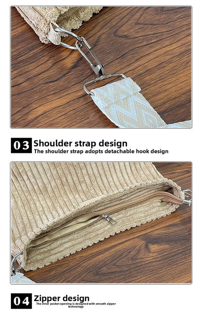 Solid Color Corduroy Messenger Bag Versatile Handbag Women Shoulder Crossbody Bags Casual Chic Bucket Women‘s Bag Bolsos Mujer