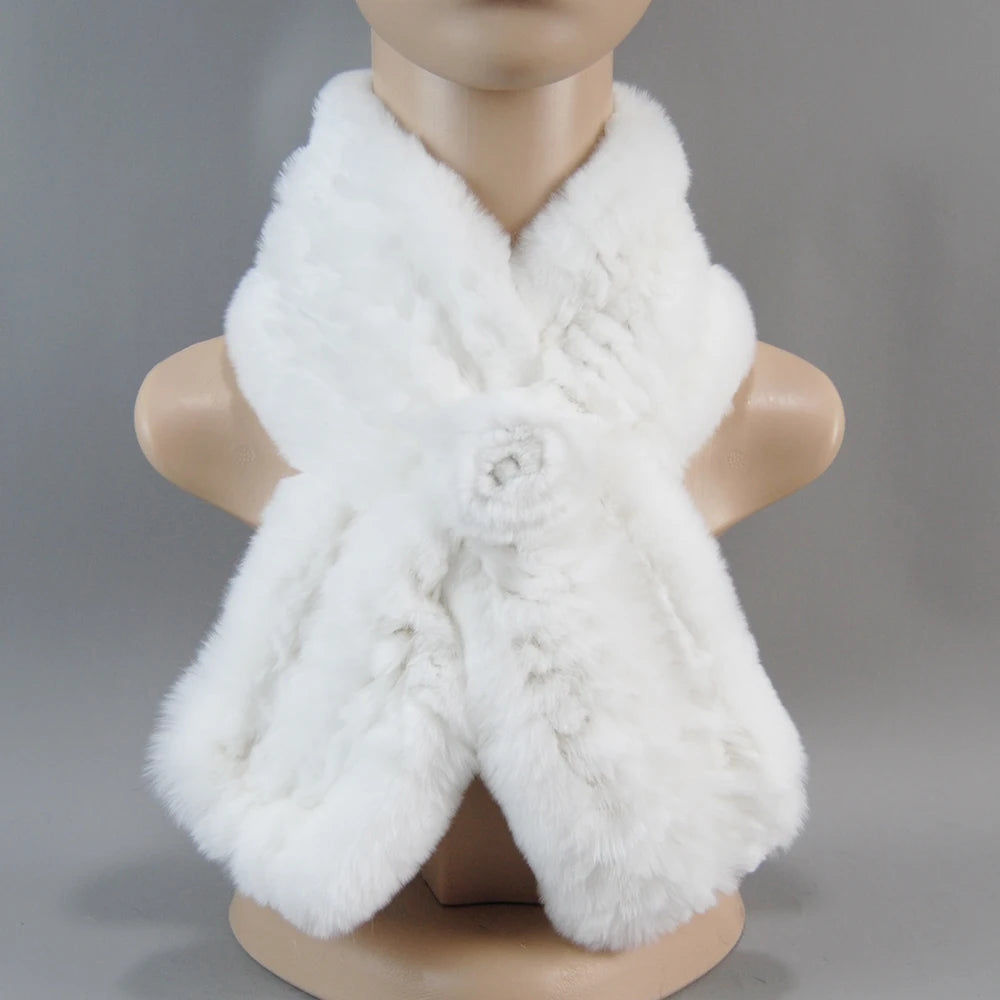 Hot Russian Women Knit Real Rex Rabbit Fur Scarf Lady Fashion Floral Rex Rabbit Fur Mufflers Hot Winter Warm Natural Fur Scarves