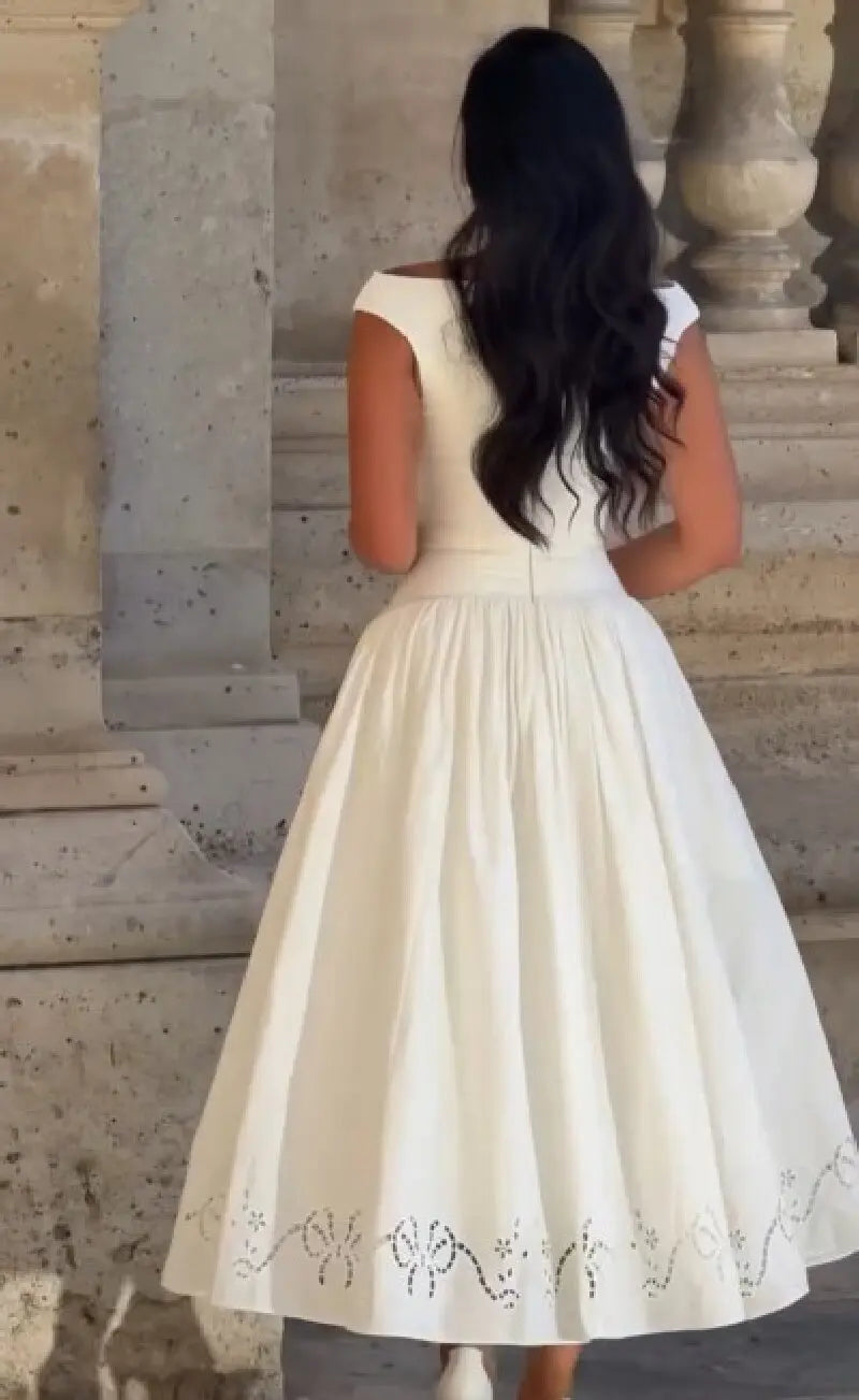Minimalist White Boat Neck Midi Dress Women Elegant Cap Sleeve A-line Flare Eyelet Embroidery Vestido Wedding  Formal Party Gown