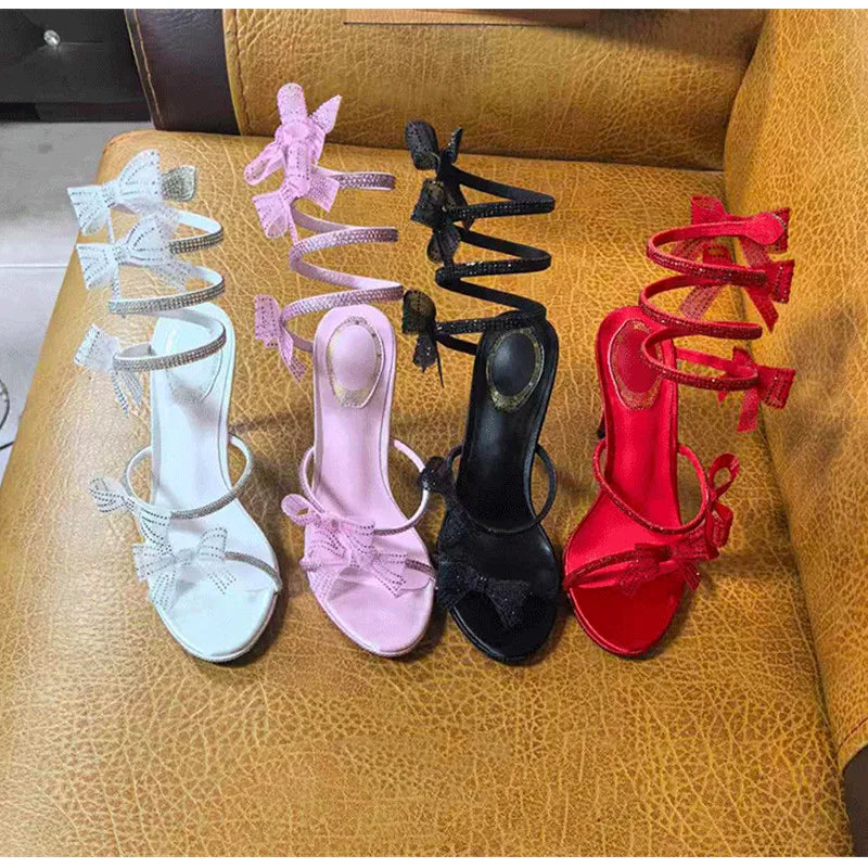 Luxury Rhinestones Mesh Bowknot Snake Coiled Women Gladiator Sandals Sexy Narrow band Thin High heels Summer Wedding Party Shoes