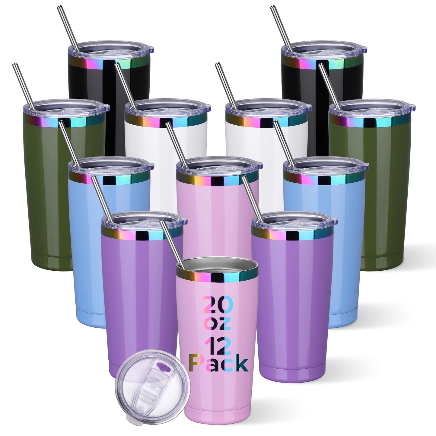 12 Pack 20 oz Stainless Steel Tumblers Bulk, Insulated Travel Cup with Lid,fit laser engraving,Car Cupholder(Assorted Colors)