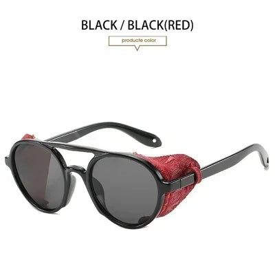 Steampunk Shields Sunglasses Men Women Classic SunGlasses With Side Leather Round Eyewear Pink UV400 Lens