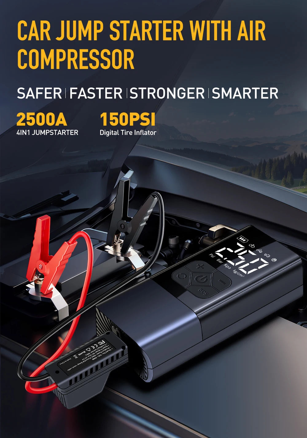 2500A Professional Car Starter Car Booster with 150PSI Air Compressor Power Bank Portable Charger for Car Battery Jump Starter