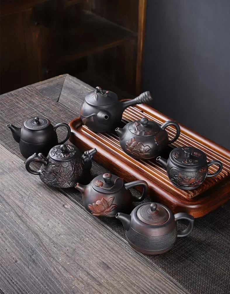 Purple Pottery Relief Teapot Hand-carved Dragon Pattern Beauty Kettle Traditional Ball Hole Filter Pot Chinese Zisha Tea Set