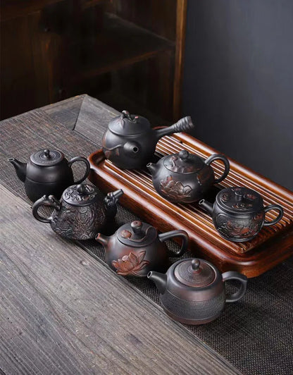 Purple Pottery Relief Teapot Hand-carved Dragon Pattern Beauty Kettle Traditional Ball Hole Filter Pot Chinese Zisha Tea Set