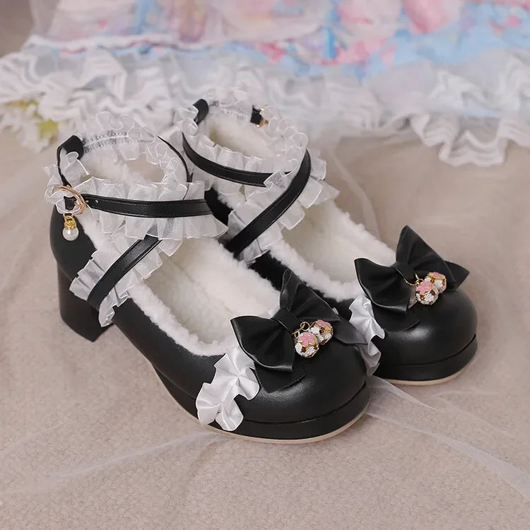 Cross Strap Women High Heels Mary Jane Pumps Party Wedding Cosplay White Pink Black Strawberry Bow Princess Cosplay Lolita Shoes