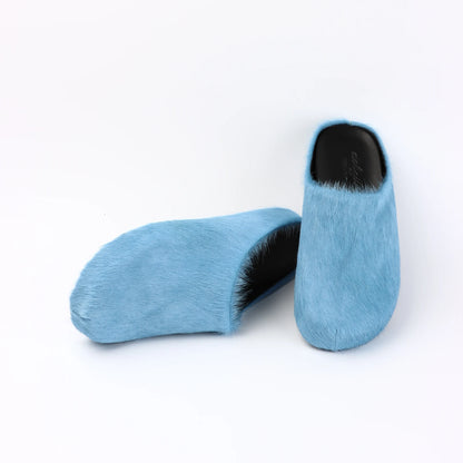 2026 Horsehair Italy Real Leather Slides fur Slippers Women Mule Runway Flats Thick Sole Leisure Luxury Designer Shoes