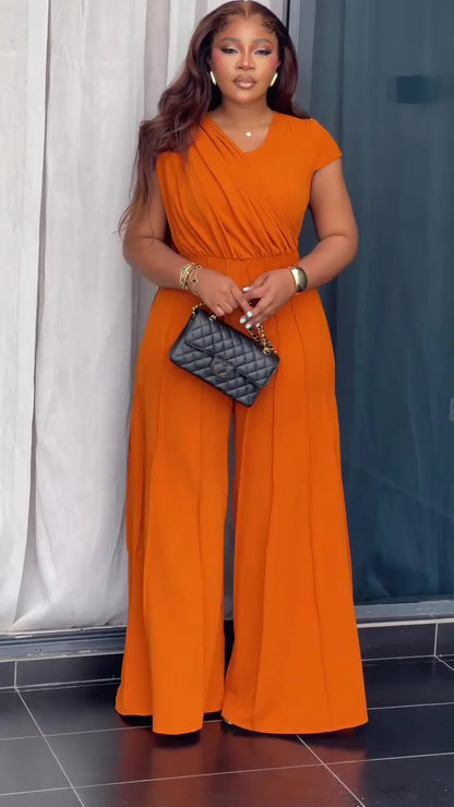 Women Shirrring Jumpsuits Mini Lenth Jumpsuit Short Sleeves V Neck Top High Waist Wide Leg Pants Casual Loose Fit 2026 Summer