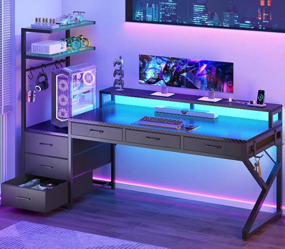 55" Gaming Desk with 6 Drawers, Corner Gaming Desk with Storage & LED Lights, Reversible PC Desk with Power Outlet,, Customized