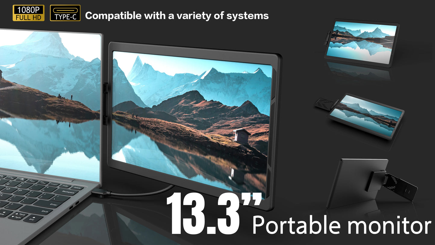 13.3inch Portable Monitor - FHD Laptop Second Expansion Screen For Switch/Phone/Tablet,USB-C HDMI-Compatible,Rotatable Display