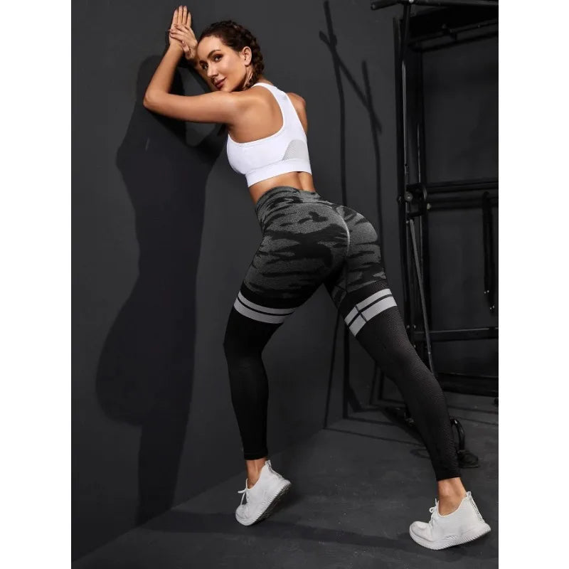 Stripe Camo Leggings Women Seamless Knit Tights High Waist Hip Liftting Outdoor Running Cycling Fashion Slim Yoga Fitness Pants