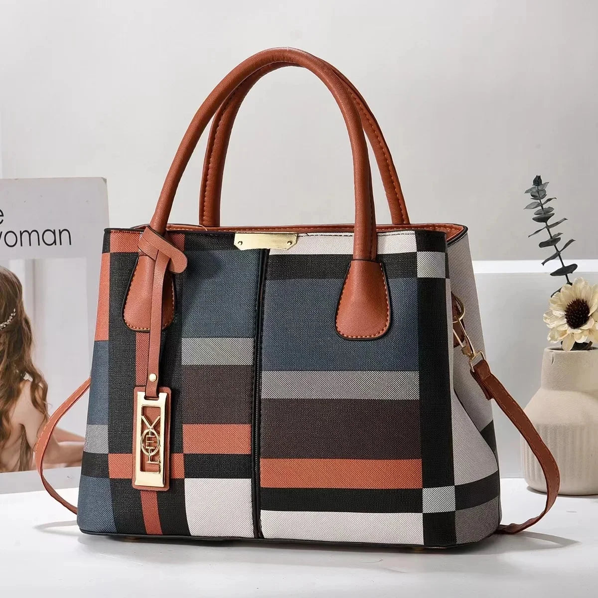 Simple Women's PU Leather Shoulder Bag Large Capacity Handbag Wire Tag Hanging Bag Square Shape Soft Handbags with Zipper