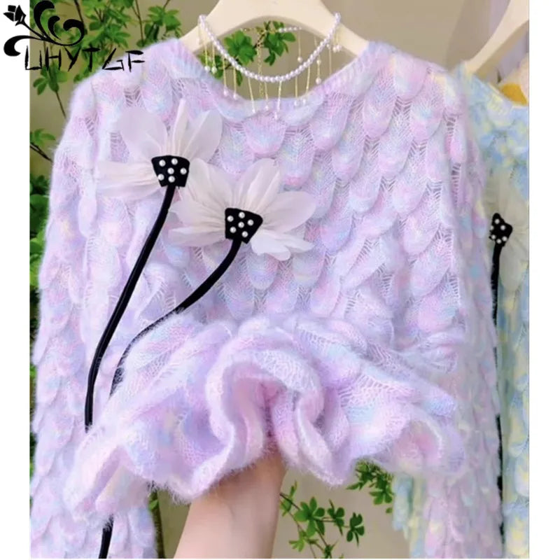 Sweater Mujer Jumper Women Sueter Purple Round Neck Knitted Sweaters Female Pull Femme Y2k Top Oversized Pullovers Spring 2661