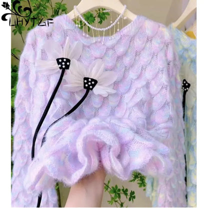 Sweater Mujer Jumper Women Sueter Purple Round Neck Knitted Sweaters Female Pull Femme Y2k Top Oversized Pullovers Spring 2661