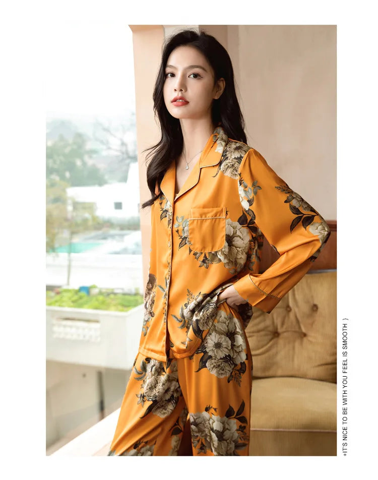 2026 New Ice Silk Thin Casual Women Pajamas Long Sleeve Set Women's Homewear