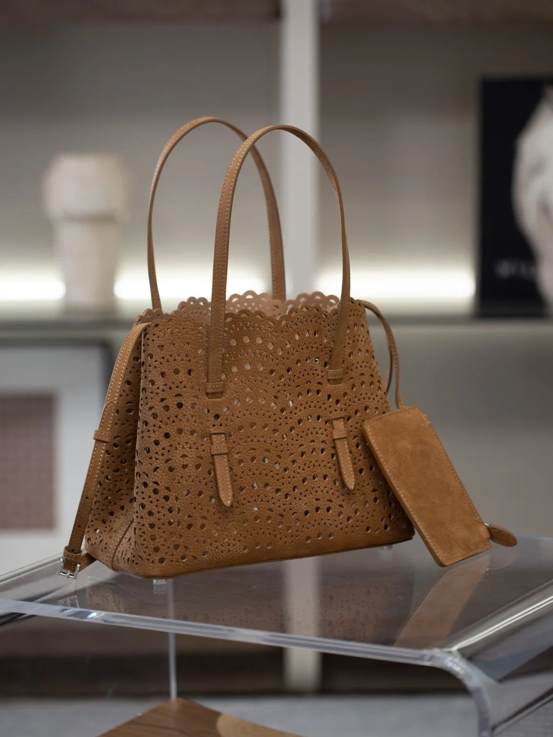 New Advanced Leather Tote Shopping Bag Wave Hollow out Basket Retro Suede Single Shoulder Slant Cross Mother Baby Bag